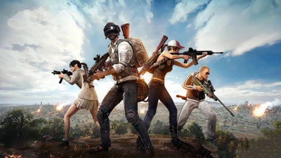 Escuadrón de personajes diversos listos para la batalla en PUBG