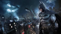 Batman steht wachsam in einem dunklen, atmosphärischen Gotham City, umgeben von hohen Wolkenkratzern und einem stimmungsvollen Nachthimmel, und verkörpert das Wesen eines Superhelden, der bereit für Action ist.