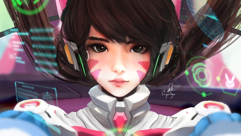 Крупный план человека с наушниками на розовом фоне (dva, overwatch, видеоигра)