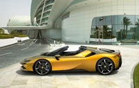 2021 Ferrari SF90 Spider in Striking Gold Finish at Modern Architecture Location