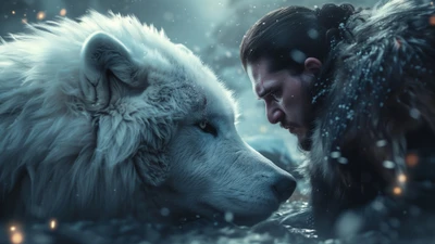 Jon Nieve y su lobo huargo se enfrentan en un entorno nevado y místico.