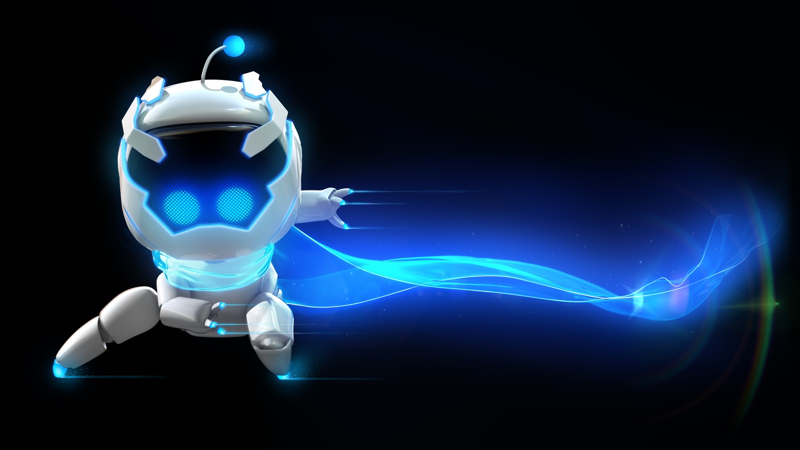 Um close de um robô com uma luz azul brilhante (astro bot, fundo preto, 5k, jogos 2024, robô)