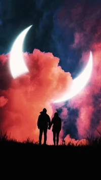 Couple Holding Hands Under Dreamy Cloudscape