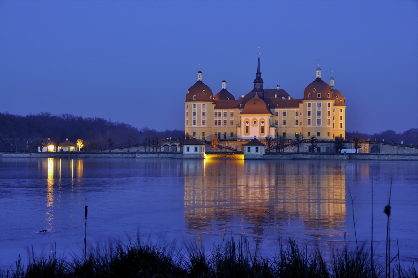 Arabische sicht auf ein schloss an einem see bei nacht (schloss neuschwanstein, burg, reflexion, wahrzeichen, wasser)