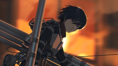 Mikasa Ackerman en una pose dinámica contra un fondo ardiente, personificando fuerza y determinación de "Ataque a los titanes".