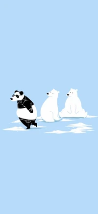 Una ilustración caprichosa que presenta a un panda gigante caminando por una pendiente nevada, seguido de cerca por dos osos polares curiosos contra un fondo azul claro.