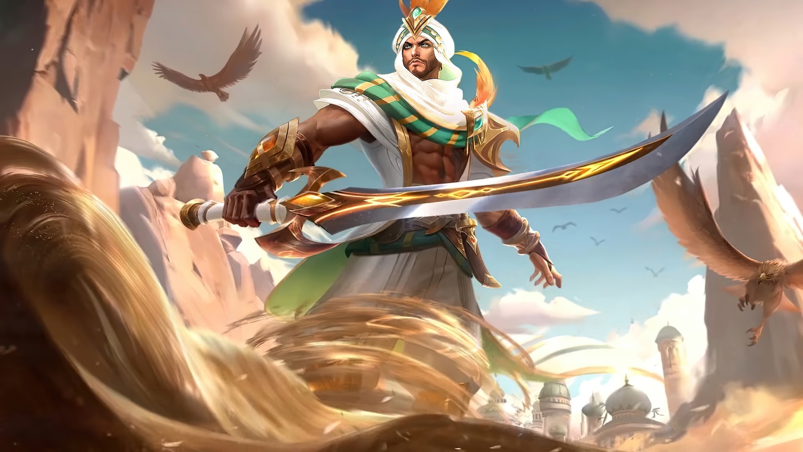 Un homme en tenue blanche tenant une épée et un oiseau (khaleed, mobile legends, bang bang, mlbb, ml)