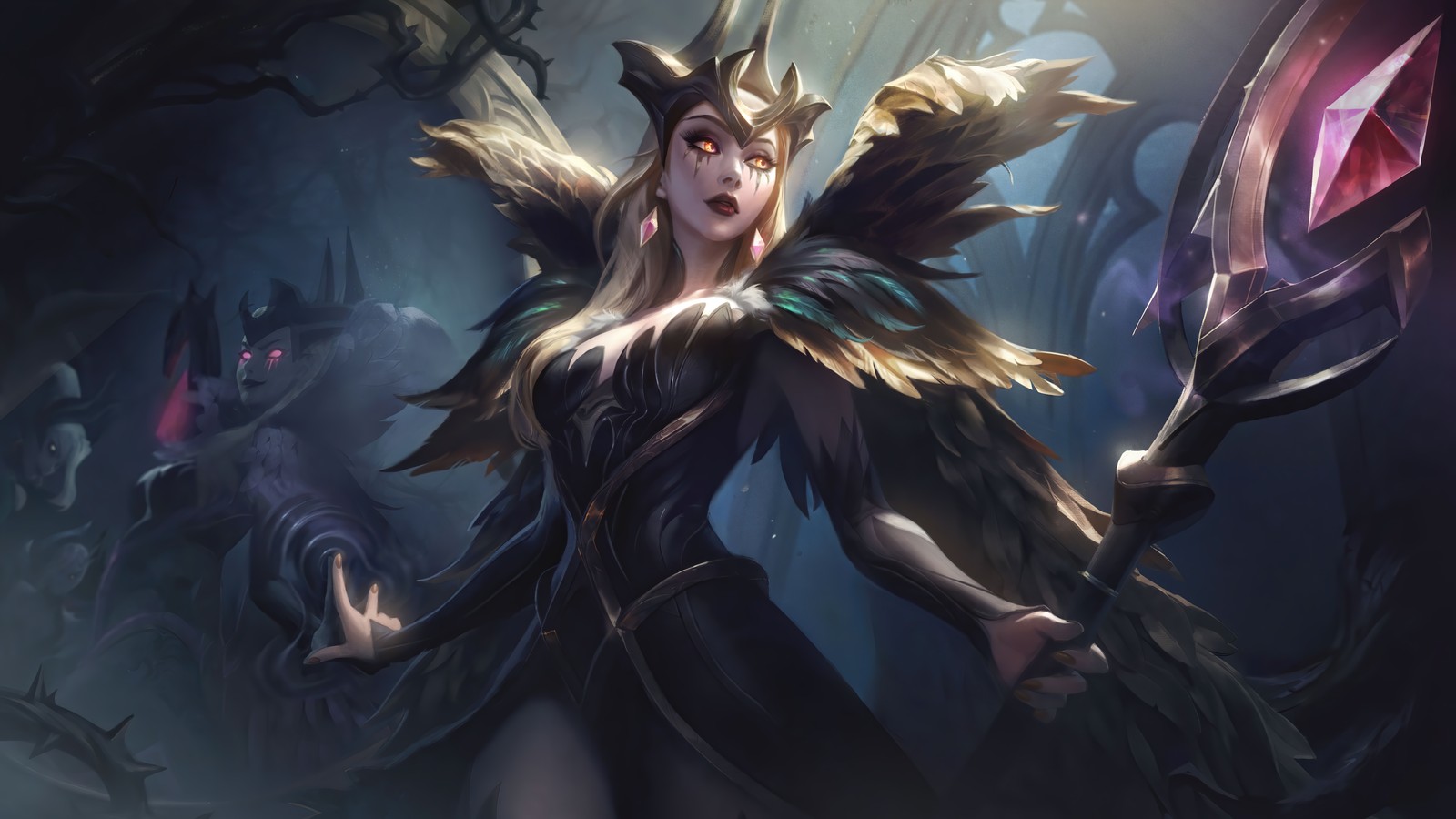 Eine frau in einem dunklen kleid, die ein schwert und einen schild hält (coven, leblanc, kunstwerk, lol, league of legends)