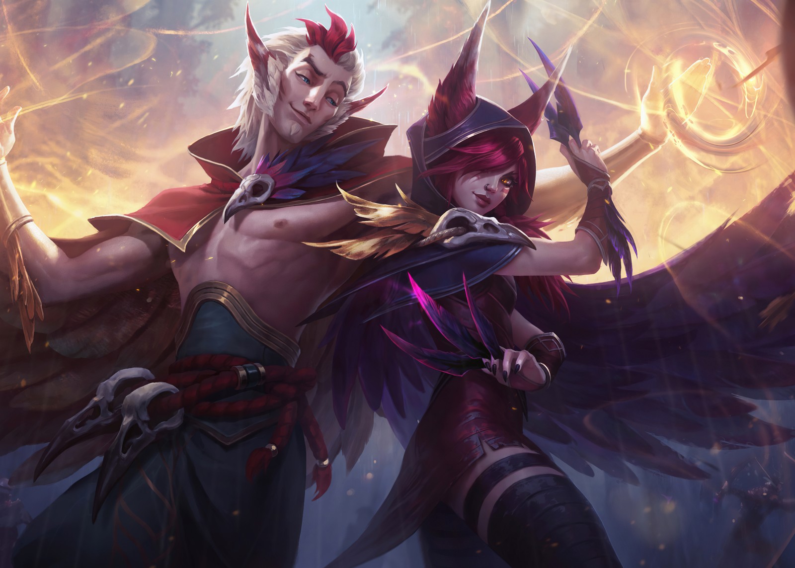 Пара людей с рогами и крыльями в темной комнате (сая, xayah, ракан, rakan, league of legends)