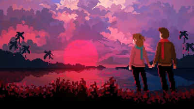 Art Pixel Amour : Couple Se Tenant La Main au Coucher de Soleil