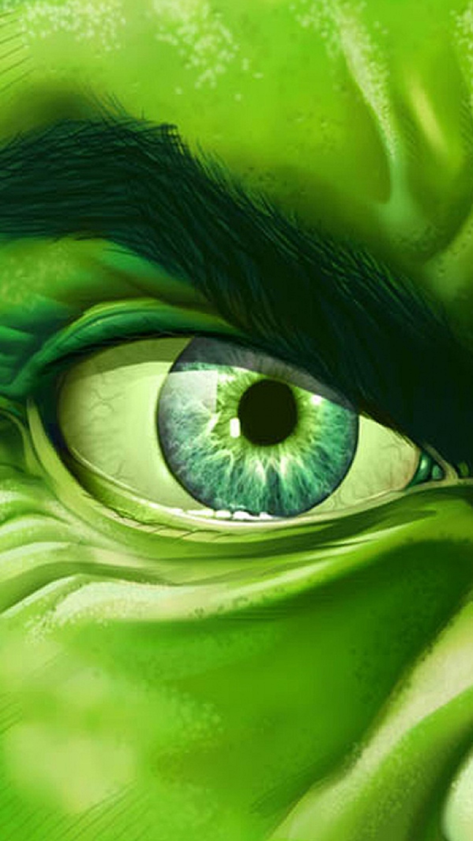 A close up of a green eye with a black spot in the center (green, hulk)