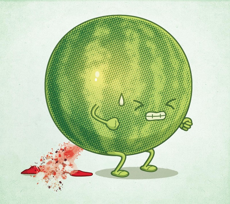 Illustration d'une pomme verte avec un visage ensanglanté et un couteau (melon, eau)