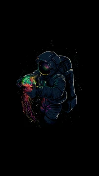 Colorful Astronaut Holding a Glowing Jellyfish in Space