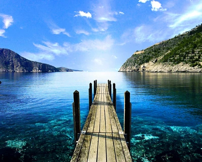 blau, wolken, dock, see, berge