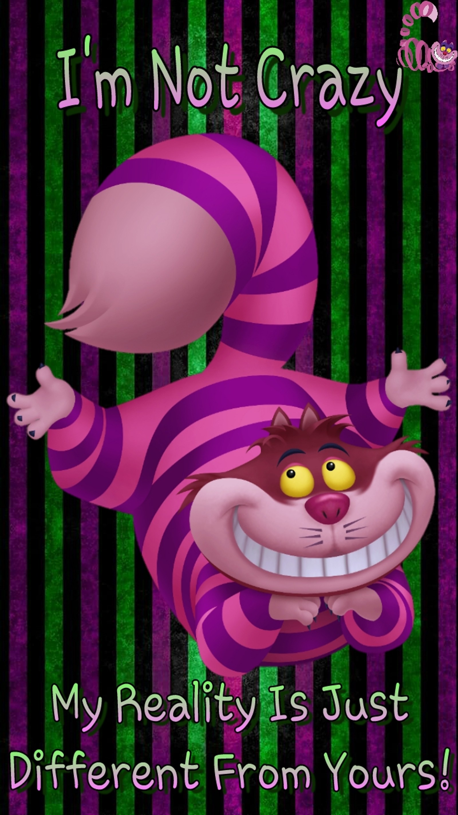 Un primer plano de un personaje de dibujos animados con un pie de foto para un chiste (cat, gato de cheshire, locura, verde, rosa)