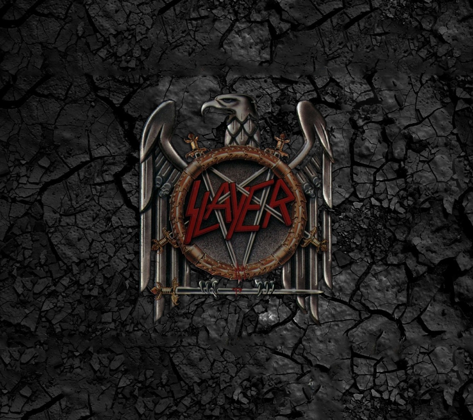 Logotipo de slayer en un fondo de papel tapiz agrietado (banda, jeff, kerry king, metal, slayer)