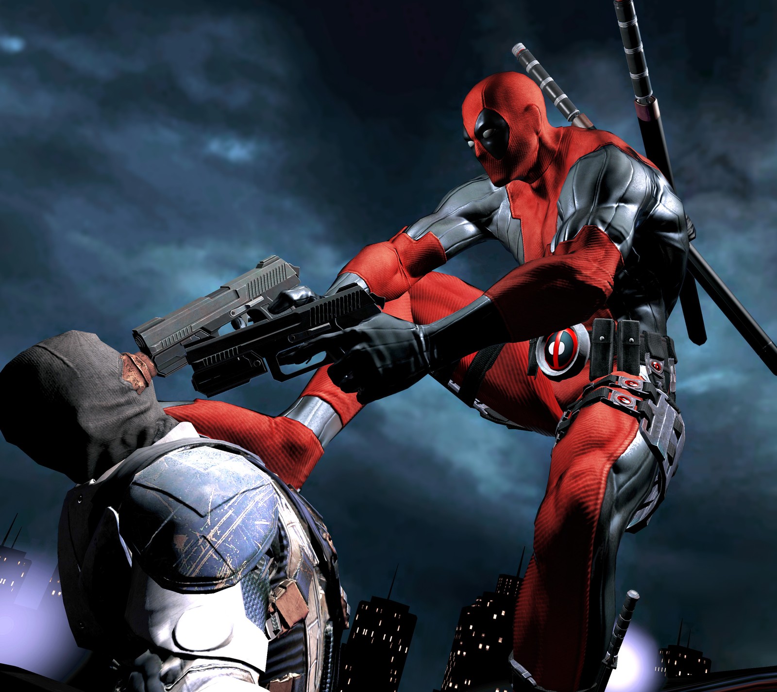 Deadpool e batman em uma cena do videogame deadpool (morto, jogo, piscina)