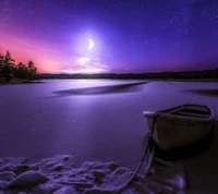 boat, lake, moon, winter