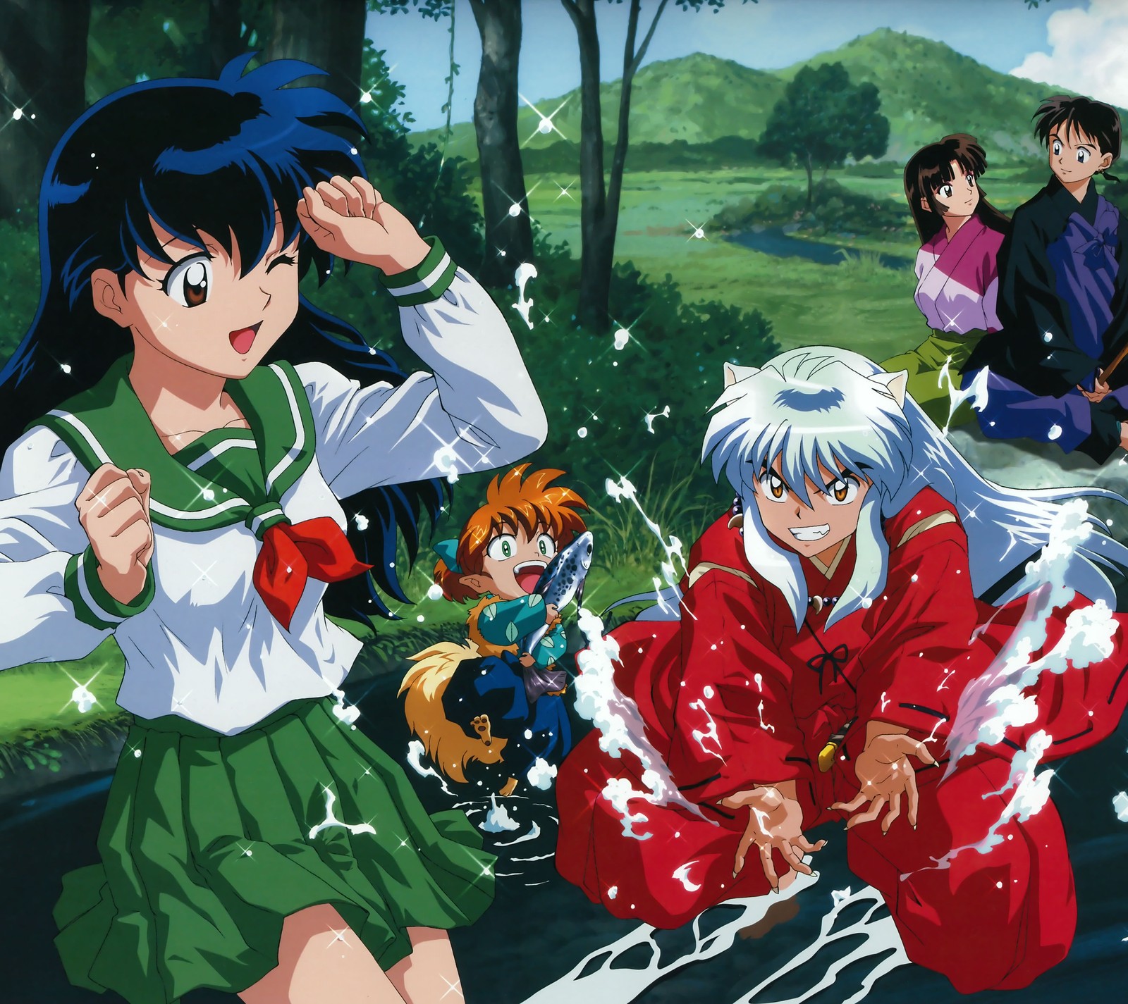 Anime characters in a river with water splashing on them (inuyasha, kagome, miroku, sango, shippo)