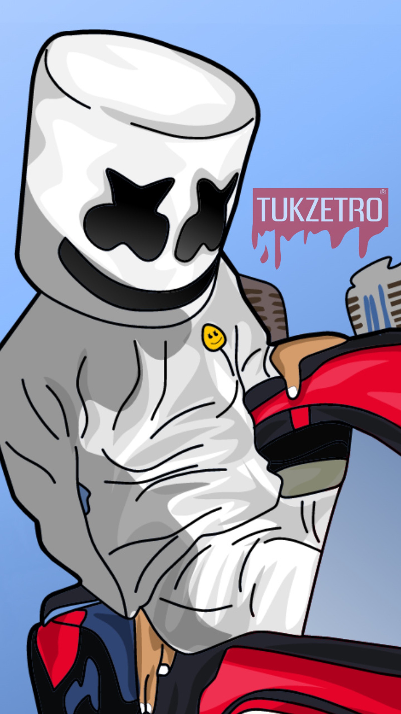 Caricatura de una persona en una motocicleta con un malvavisco en la parte de atrás (marshmello, música marshmello, dj, tukzetro, tukzetroarts)