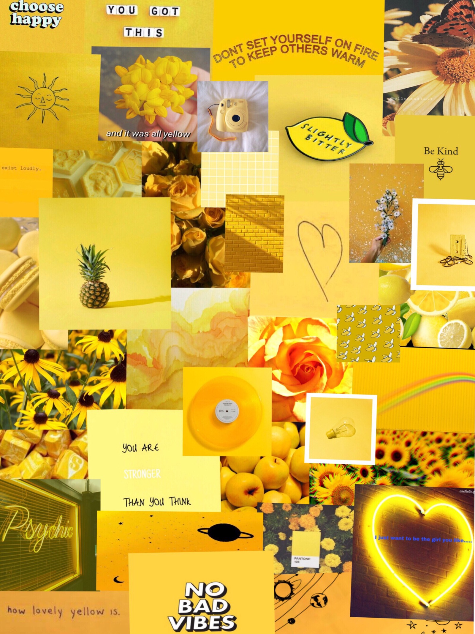 Collage esthétique jaune avec une variété d'images et de mots (esthétique, arrière plan, détendre, jaune)