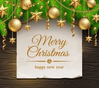 Merry Christmas and Happy New Year with Golden Decorations and Stars