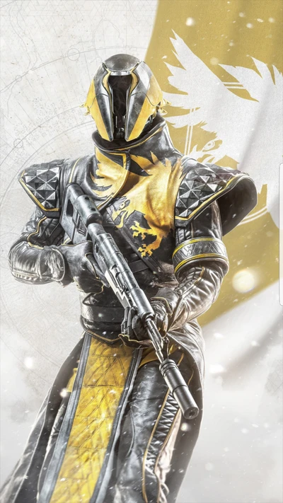 Guardián Hechicero en brillante armadura amarilla, armado y listo para la batalla en Destiny 2