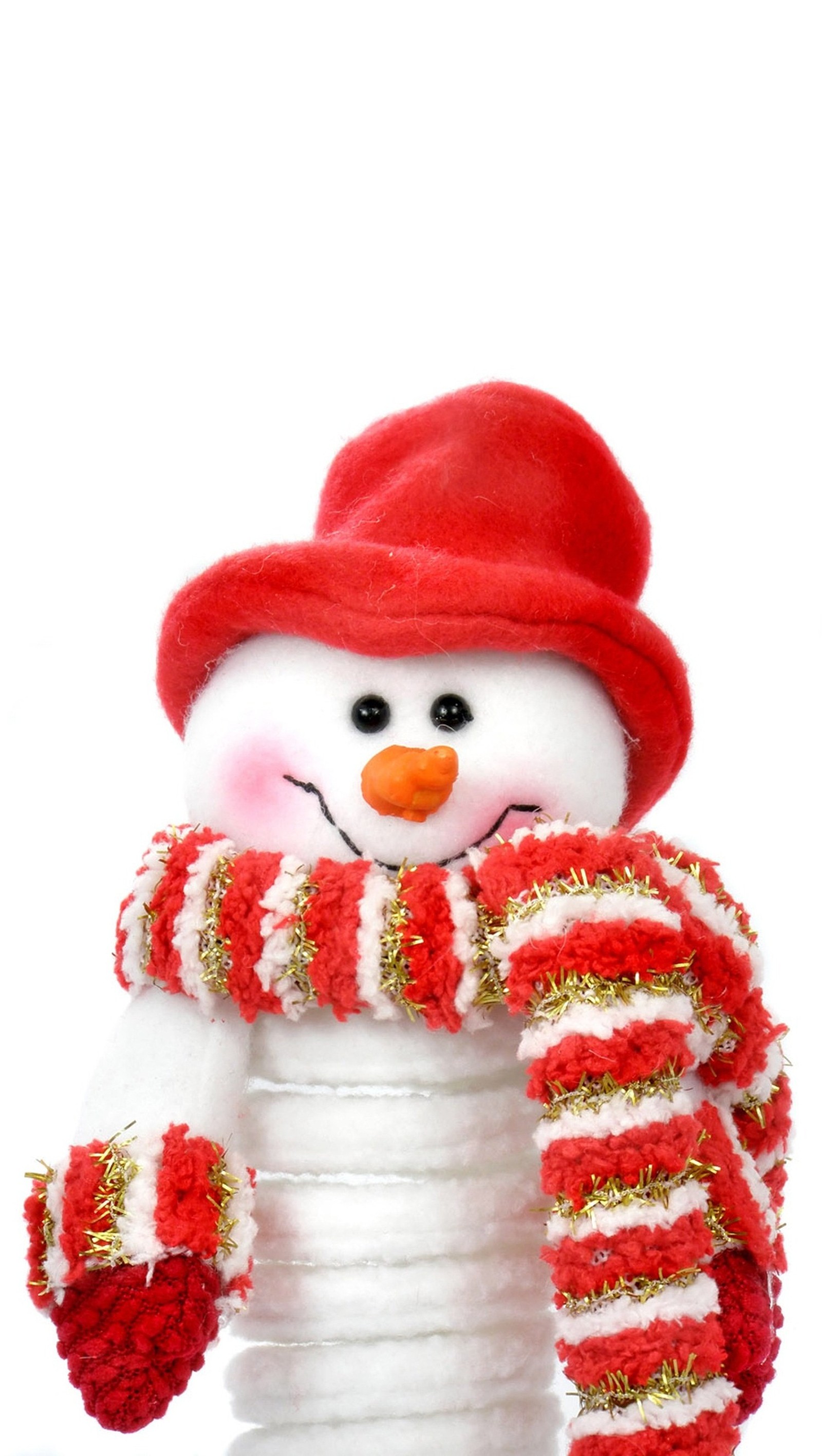 A close up of a snowman wearing a red hat and scarf (cartoons, snowman, white, winter)