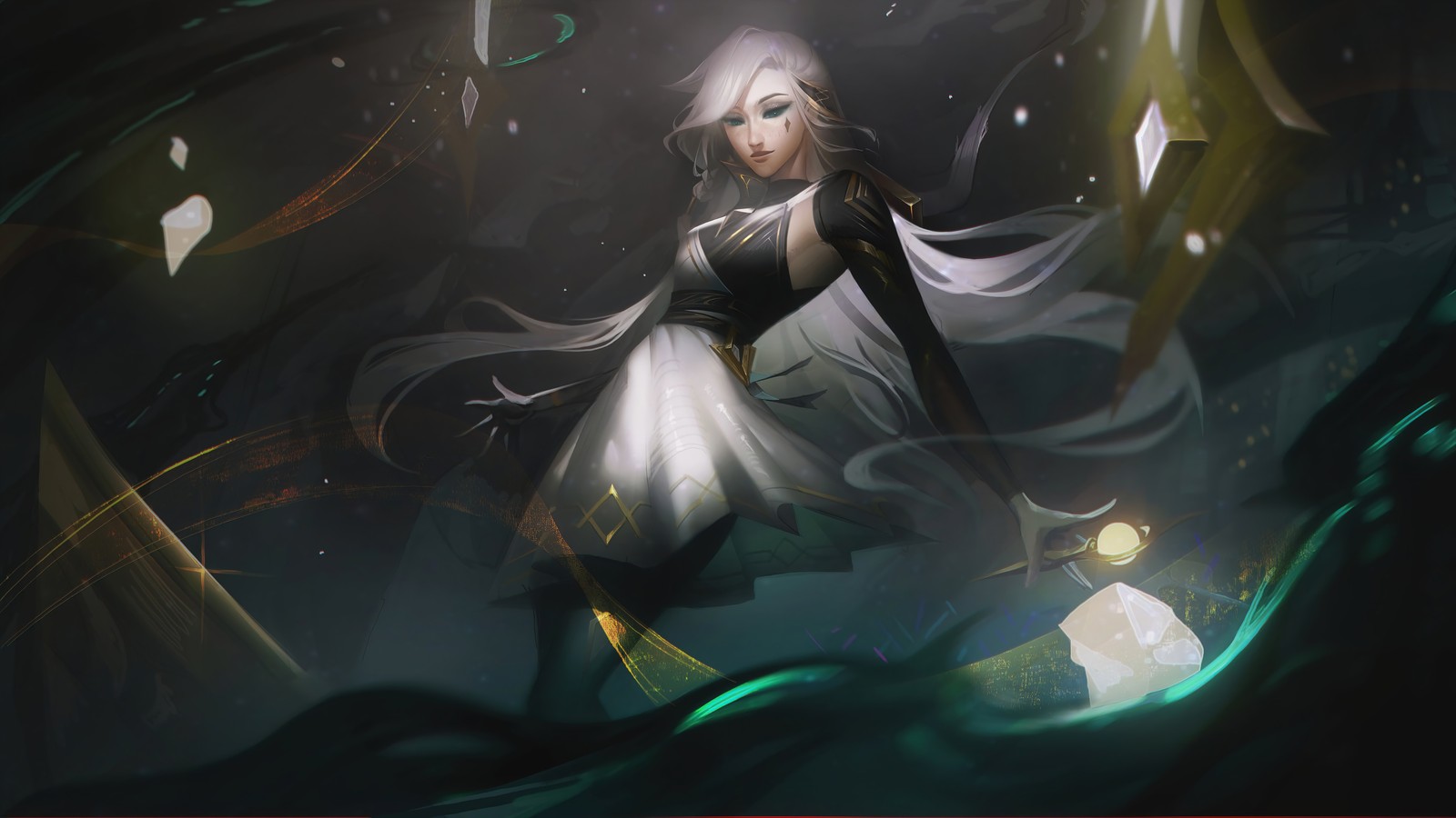 A woman in a white dress is standing in a dark room (seraphine, sentinel, league of legends, lol, video game)