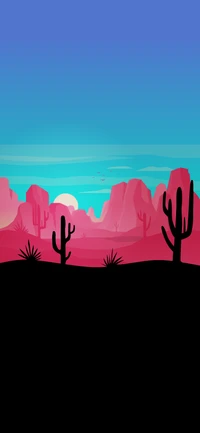 Paysage désertique vibrant au crépuscule avec des cactus en silhouette