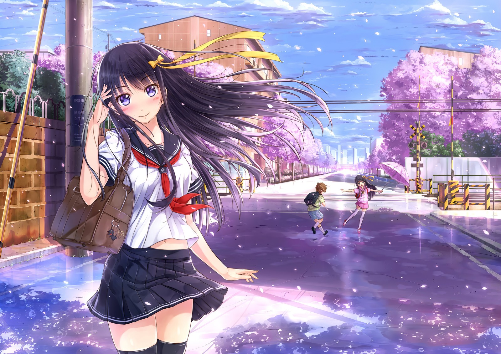 Anime girl walking down the street in a school uniform (anime, long hair, cartoon, illustration, hime cut)