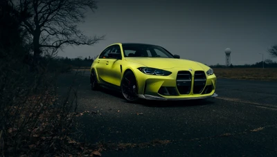 Vibrant Yellow BMW M3 Competition with Custom Tuning in a Dramatic Landscape