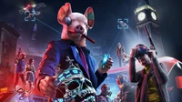 Vibrant performance art inspired by 'Watch Dogs' featuring a pig-masked character amidst a backdrop of iconic landmarks and high-tech elements.