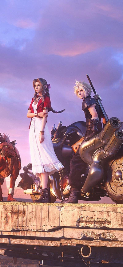 Aerith e Cloud estão juntos ao pôr do sol em Final Fantasy VII Remake