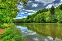 Paisaje de río sereno con vegetación exuberante y aguas reflectantes