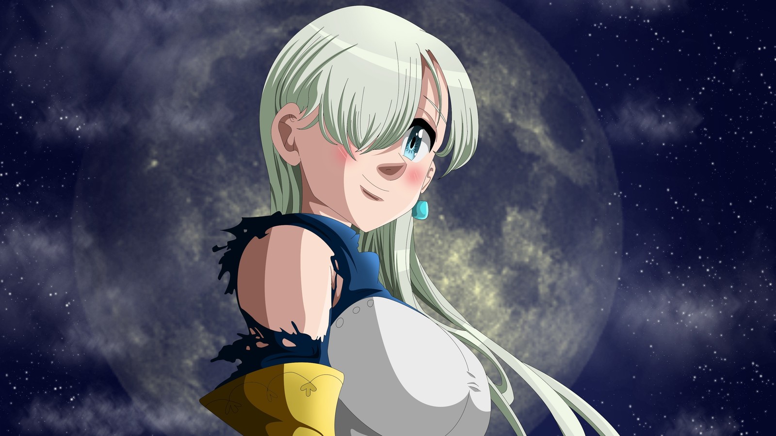 Fille anime avec de longs cheveux blancs et des yeux bleus se tenant devant une pleine lune (elizabeth liones, nanatsu no taizai, les sept péchés capitaux, the seven deadly sins, anime)