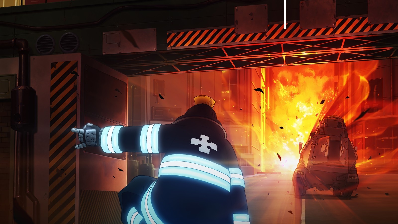 Пожарные борются с огнем в здании с пожарной машиной (fire force, аниме, anime, огненная бригада, enen no shouboutai)