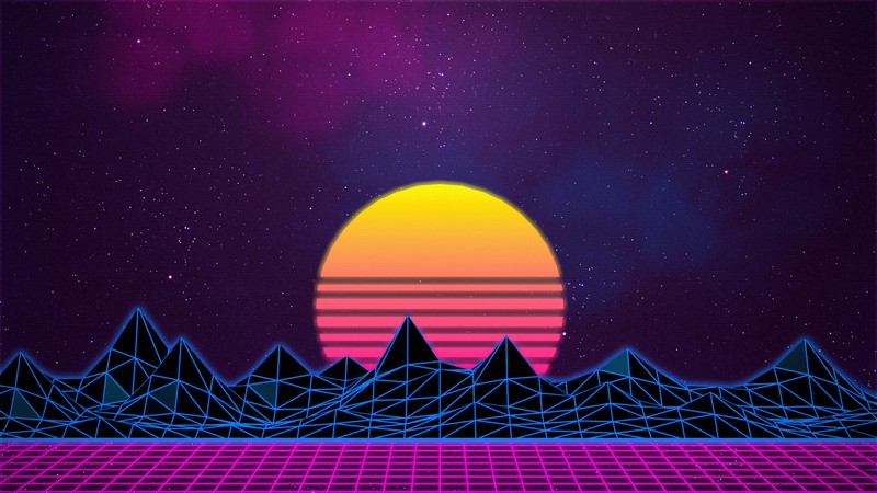 Закат с горами и ярким солнцем на фоне (ретровейв, retrowave, закат, аутран, outrun)