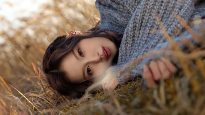 Minatozaki Sana von TWICE in einem ruhigen Moment inmitten von goldenem Gras.