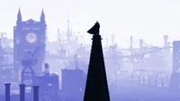 Silhouette de Batman sobre el horizonte industrial de Gotham