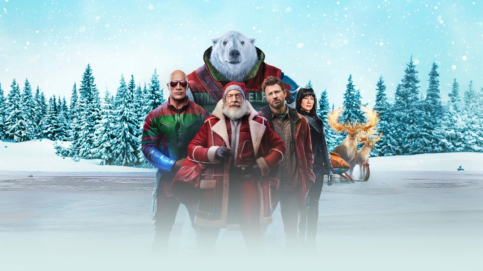 Eine gruppe von menschen, die als weihnachtsmann und ein eisbär verkleidet sind (roter eins, 2024 filme, chris evans, 5k, filme)