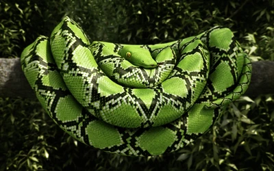 Western Green Mamba Coiled Among Vibrant Vegetation