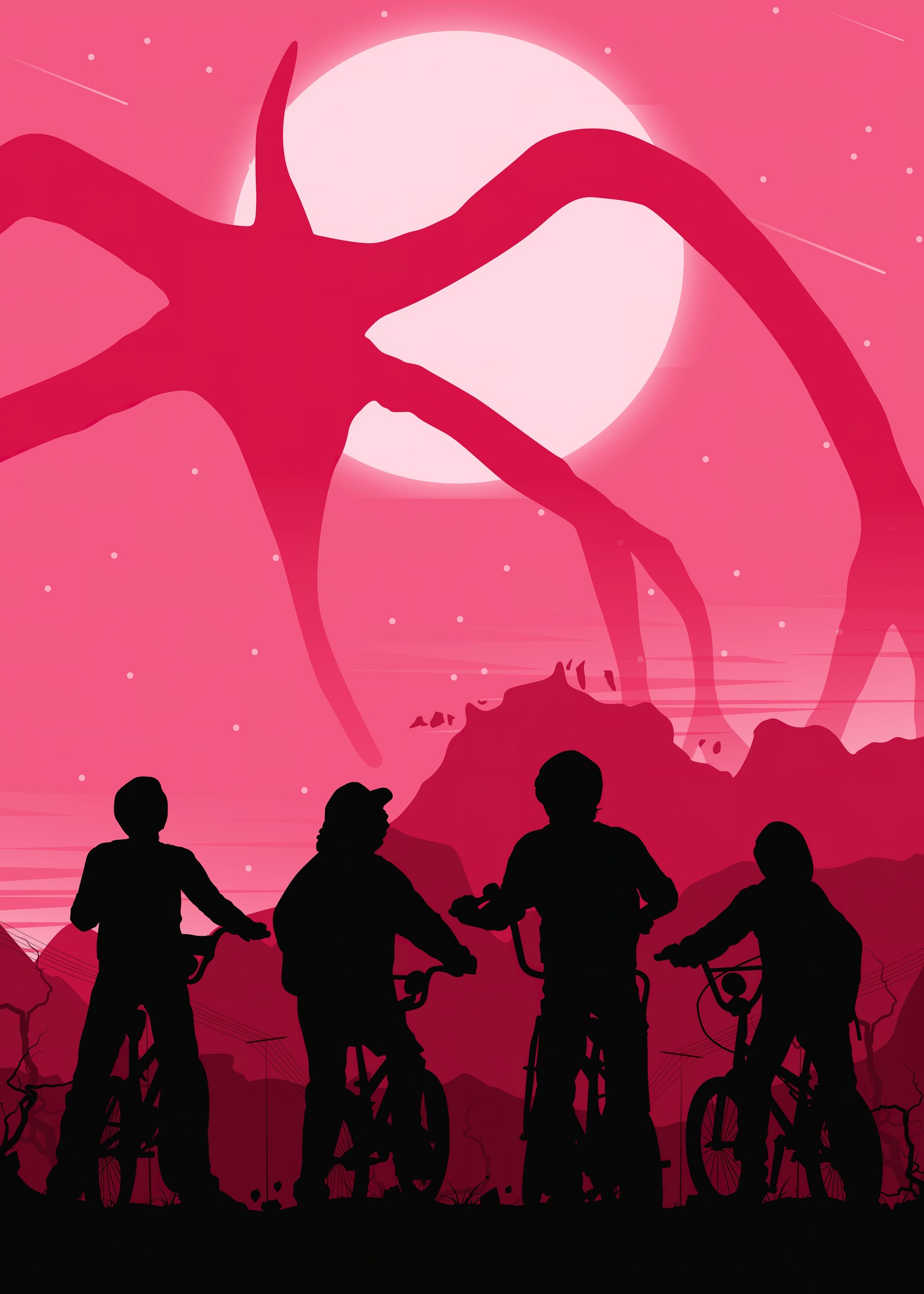 Tres personas montando bicicletas al atardecer con un pulpo gigante (stranger things, personajes, ilustración, 5k, serie de netflix)