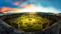 Vista panorâmica de um marco arqueológico histórico ao pôr do sol