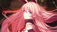 Yae Sakura de Honkai Impact 3rd avec des cheveux roses flottants et des yeux bleus frappants