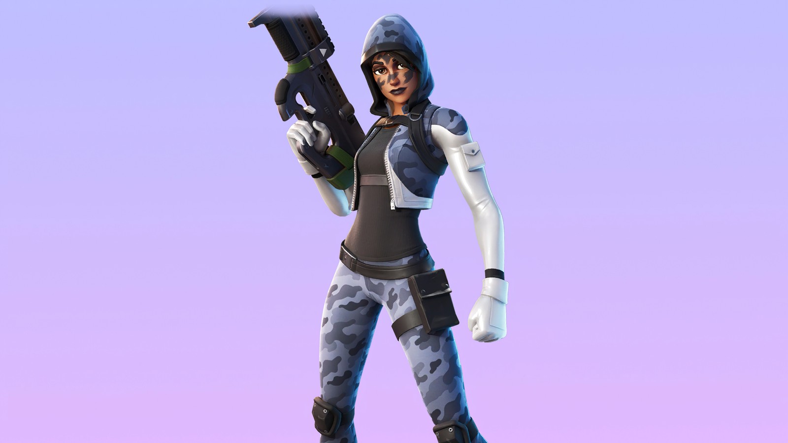 A woman in a gray and black outfit holding a gun (hailstorm, fortnite, fortnite battle royale, video game, skin)