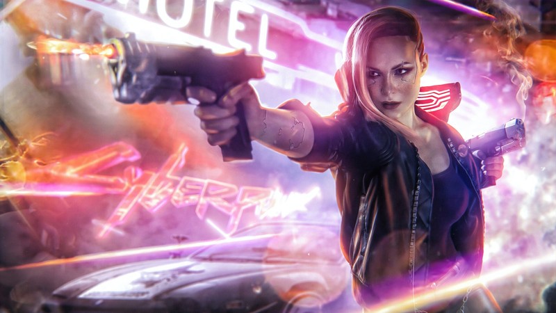 Женщина с оружием на фоне неоновой вывески отеля (cyberpunk 2077, видеоигра, женский, v, девочки)