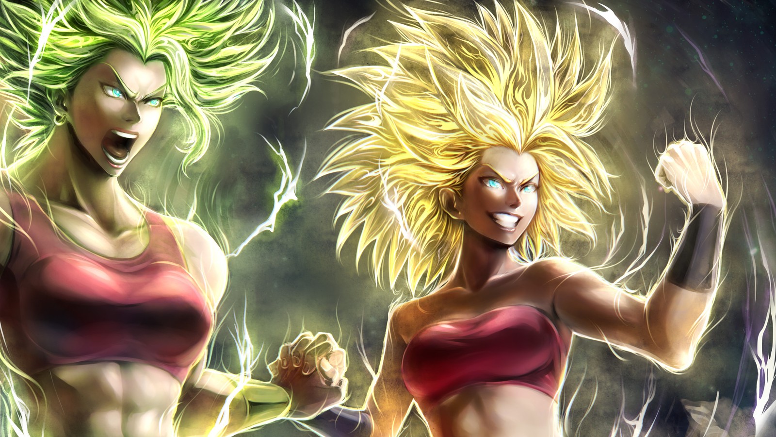 Dos personajes de anime están de pie frente a un rayo (goku, dragon ball, arte, super saiyan, mitología)