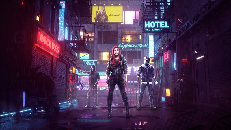 Кибергород с неоновыми огнями и людьми, стоящими посреди улицы (cyberpunk 2077, взломщики, watch dogs, кроссовер, айден пирс)