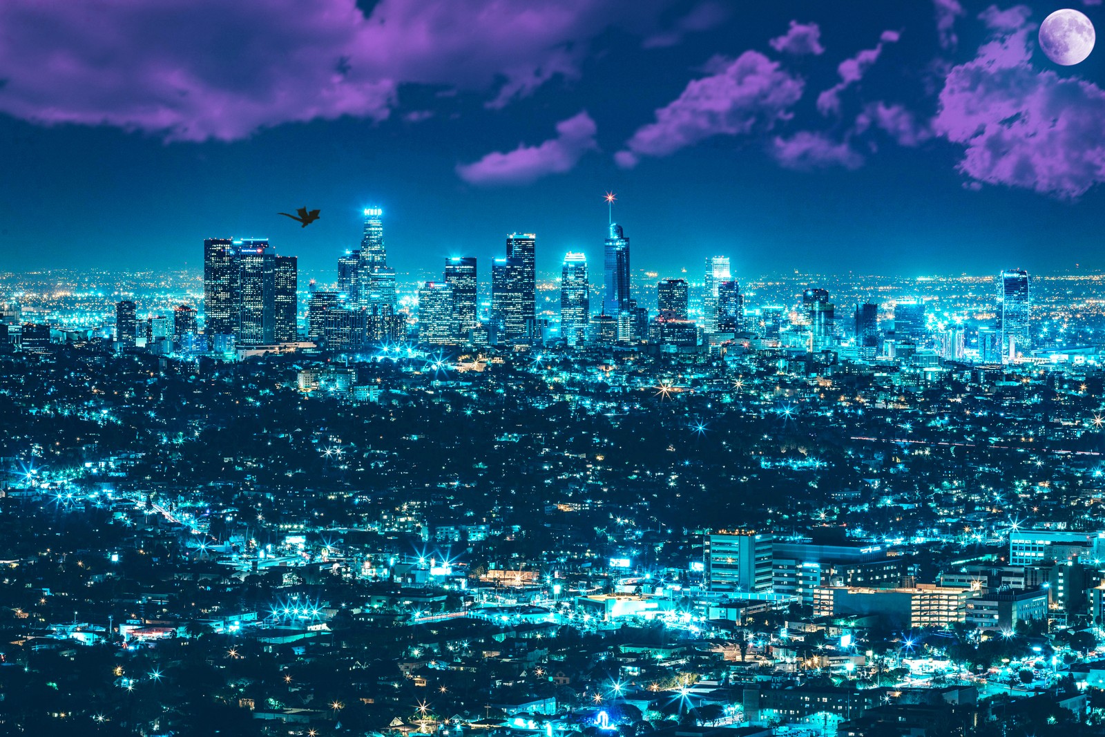 Uma vista de uma cidade à noite com uma lua cheia no céu (paisagem urbana, cidade, metrópole, área urbana, linha do horizonte)